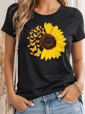 New graphic print butterfly sunflower t shirt